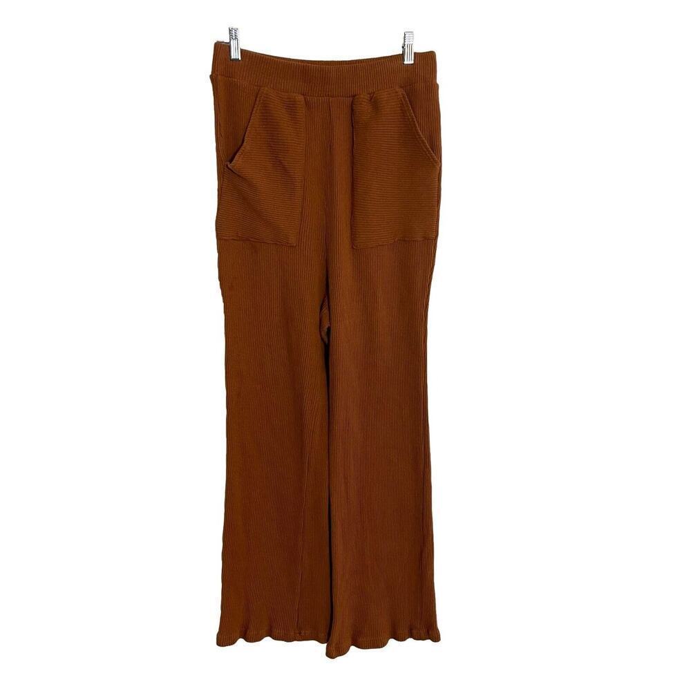 Free People Beach L Lounge Pants High Rise Wide Leg Ribbed Front Pockets Boho